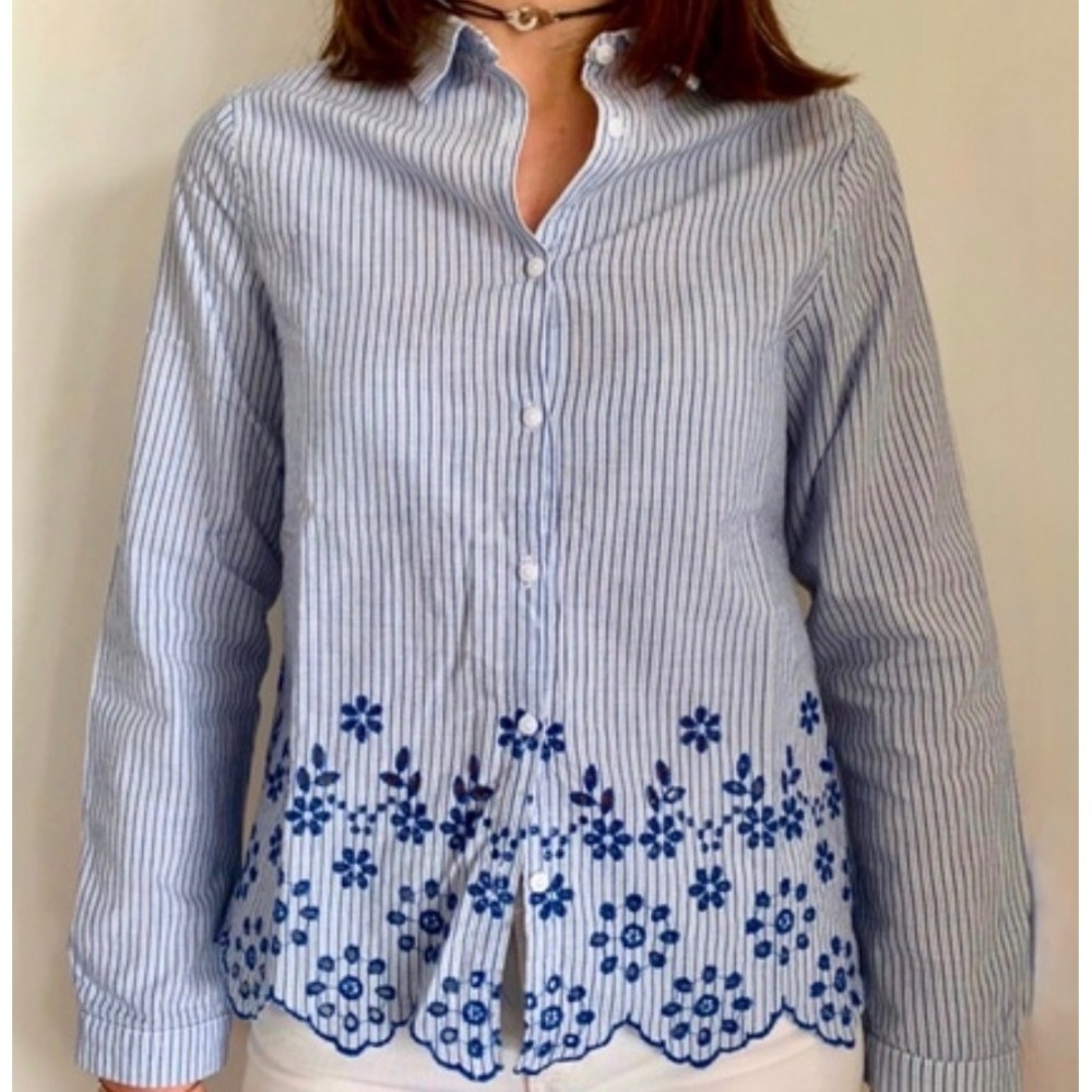NWT Zara Size 7 Girl Eyelet Striped‎ Blue Blouse Collared Long Sleeve Cotton